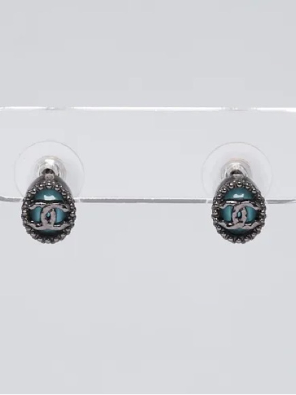 Chanel Blue/Silver Metal CC Stud Earrings